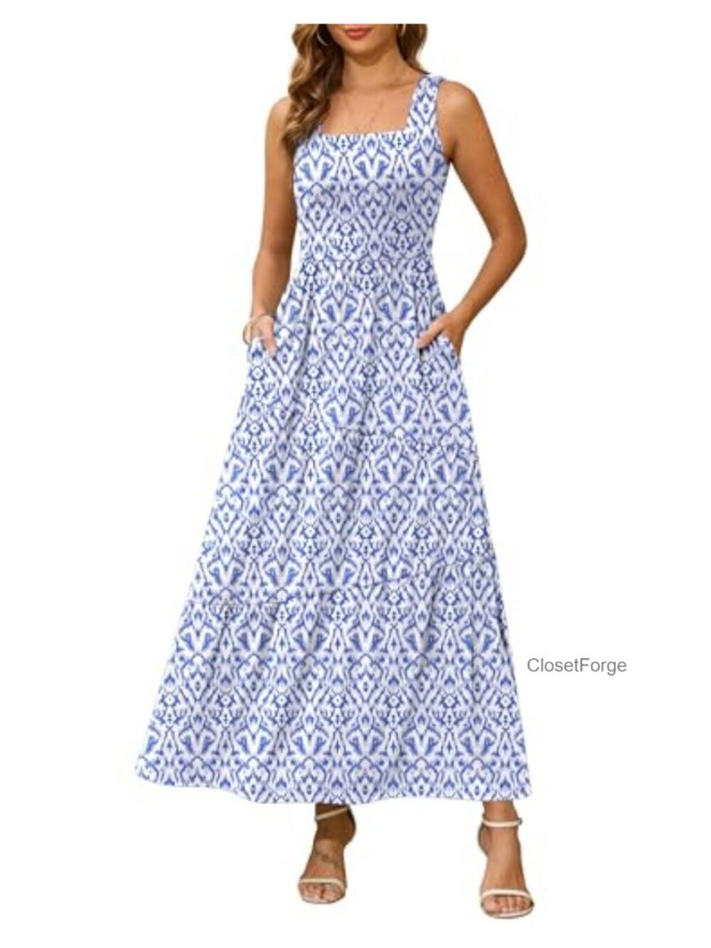 Sleeveless Square Neck Tiered Maxi Dress with Pockets
